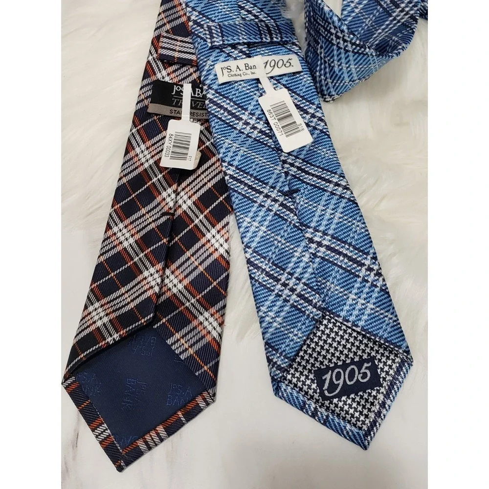 NWT 2 Jos A Bank Traveler 100% Silk Tie Brown Navy Blue Plaid Check Necktie Blue